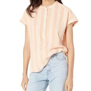 Faherty Dream Cotton Desmond Top, Sepia Stripe, Short Sleeve, Front Buttons, L